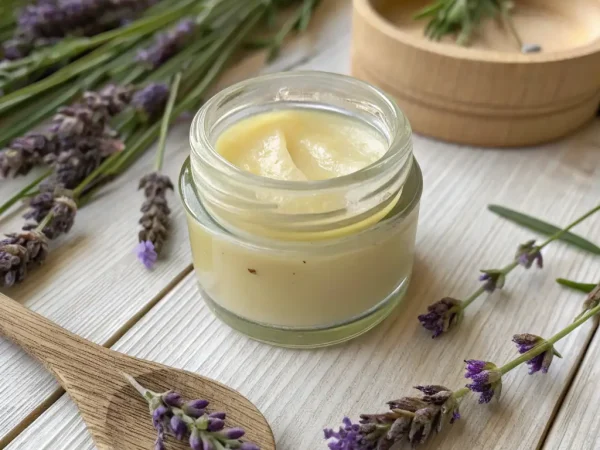 Aromatic sugar scrub with natural oils and herbs, in a glass jar, with a wooden spoon scooping out a portion, highlighting the natural ingredients.
